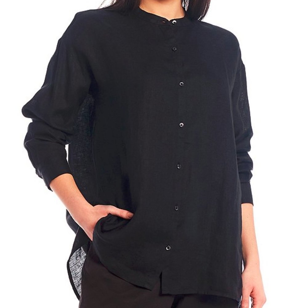 Eileen Fisher | Black Linen Mandarin Collar Shirt